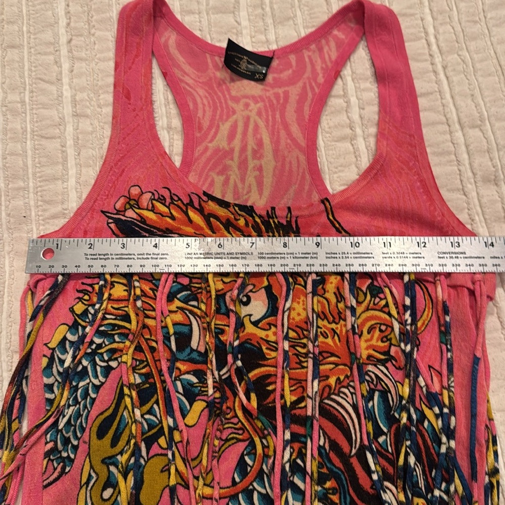 Christian Audigier Pink Tank Sweater Dress w Graphic Design Fringe‎ Y2K - Picture 17 of 17